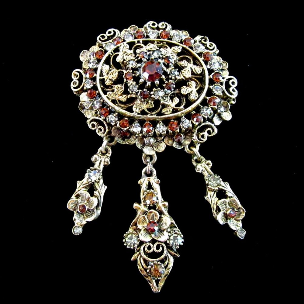 KRAMER antiqued gold clear & amber rhinestone Victorian Revival brooch pendant
